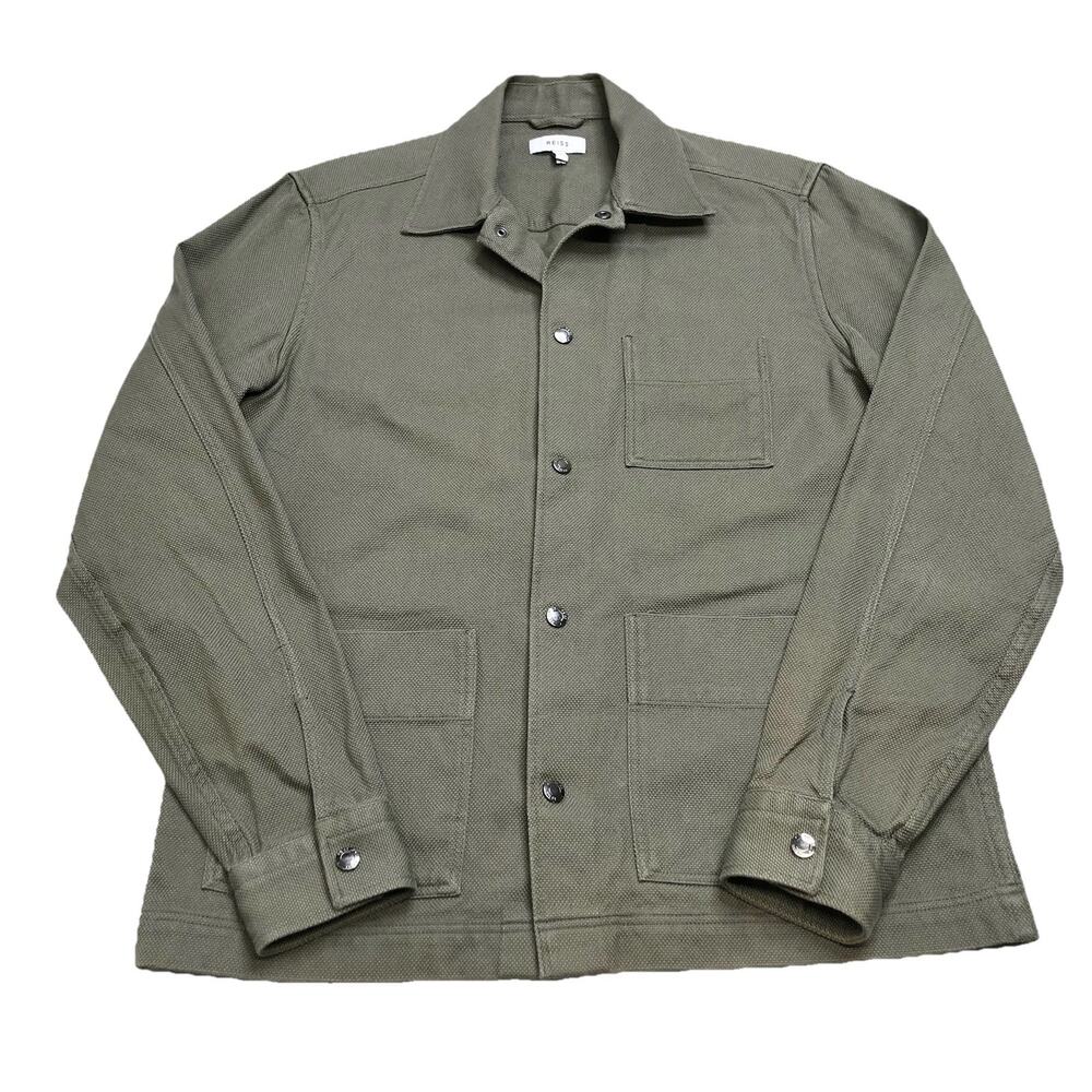 Reiss Men’s Nico Cotton Press Stud Overshirt Small Olive Green 100% Cotton